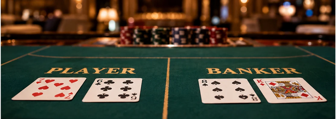 Стол баккары с зонами Player и Banker и разложенными картами