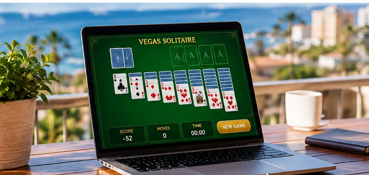 Vegas Solitaire на ноутбуке при дневном освещении