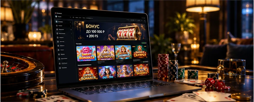 Игровая платформа онлайн-казино на ноутбуке в интерьере казино