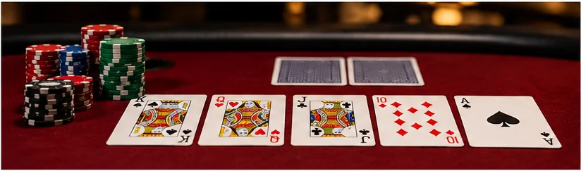Общие карты Texas Hold'em и фишки на покерном столе